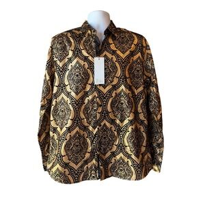 American Breed Smart Shirt Gold Black Flocked Baroque Button Up Size Large NWT